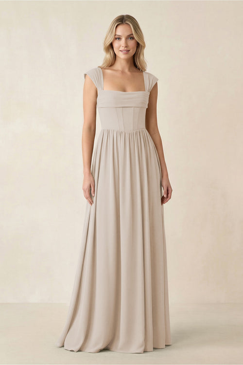 Cap Sleeve Corset A - Line Chiffon Bridesmaid Dress in Frost - SHE IS ME Bridesmaid Dresses