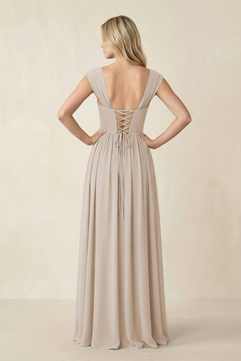 Cap Sleeve Corset A - Line Chiffon Bridesmaid Dress in Frost - KISS BRIDAL Bridesmaid Dresses