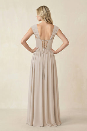 Cap Sleeve Corset A - Line Chiffon Bridesmaid Dress in Frost - SHE IS ME Bridesmaid Dresses