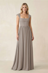 Cap Sleeve Corset A-Line Chiffon Bridesmaid Dress in Frost | KISSBRIDAL