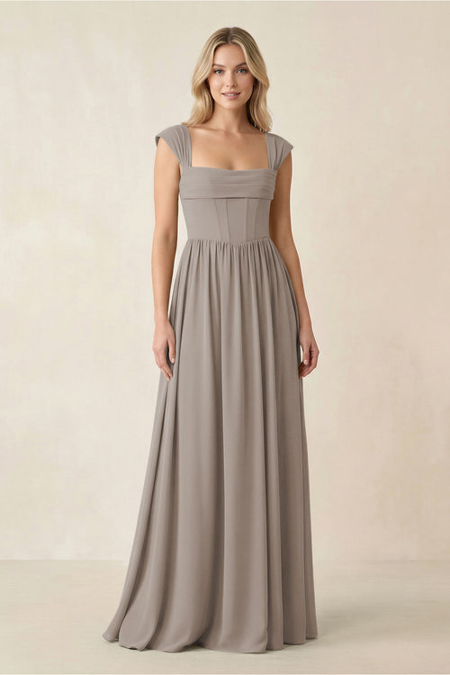Cap Sleeve Corset A-Line Chiffon Bridesmaid Dress in Frost | KISSBRIDAL