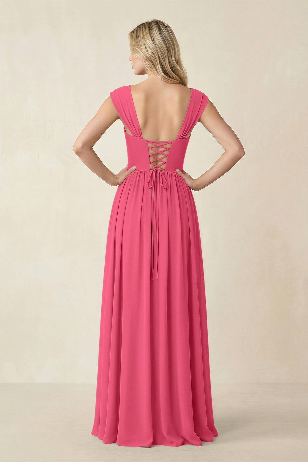 Cap Sleeve Corset A - Line Chiffon Bridesmaid Dress in Fuchsia - KISS BRIDAL Bridesmaid Dresses