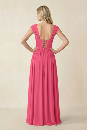 Cap Sleeve Corset A - Line Chiffon Bridesmaid Dress in Fuchsia - SHE IS ME Bridesmaid Dresses