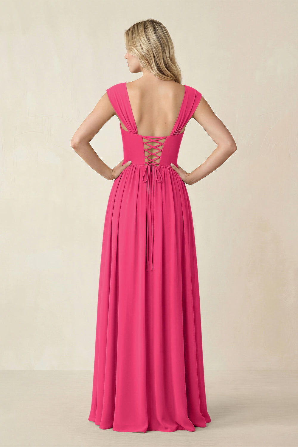 Cap Sleeve Corset A-Line Chiffon Bridesmaid Dress in Fuchsia