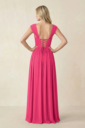 Cap Sleeve Corset A-Line Chiffon Bridesmaid Dress in Fuchsia (2) | KISSBRIDAL