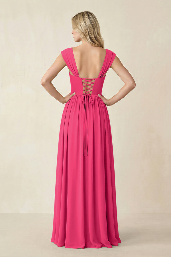 Cap Sleeve Corset A-Line Chiffon Bridesmaid Dress in Fuchsia (2) | KISSBRIDAL