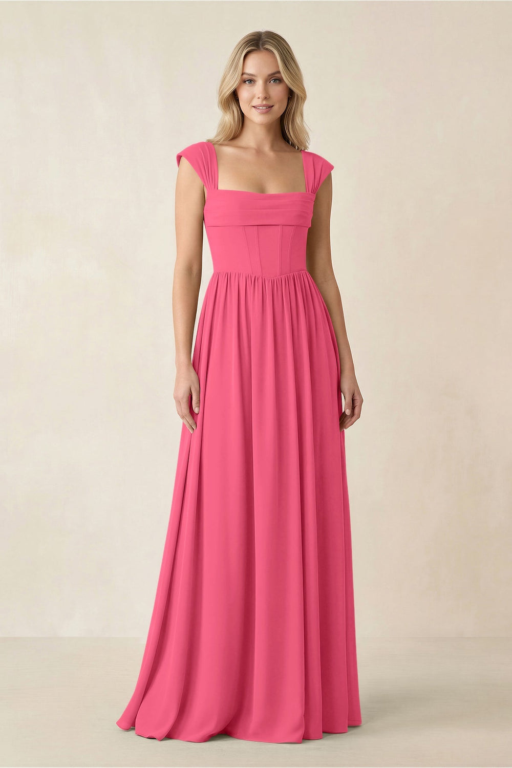 Cap Sleeve Corset A - Line Chiffon Bridesmaid Dress in Fuchsia - KISS BRIDAL Bridesmaid Dresses