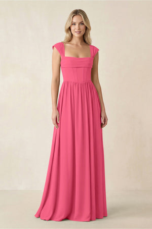 Cap Sleeve Corset A - Line Chiffon Bridesmaid Dress in Fuchsia - SHE IS ME Bridesmaid Dresses