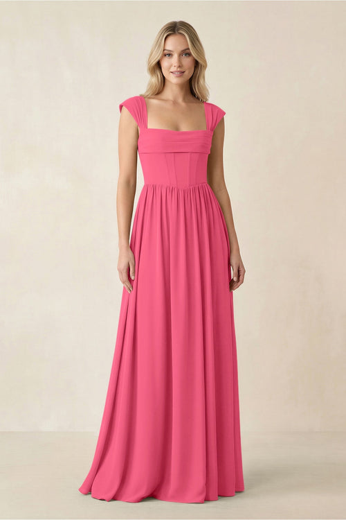 Cap Sleeve Corset A - Line Chiffon Bridesmaid Dress in Fuchsia - SHE IS ME Bridesmaid Dresses
