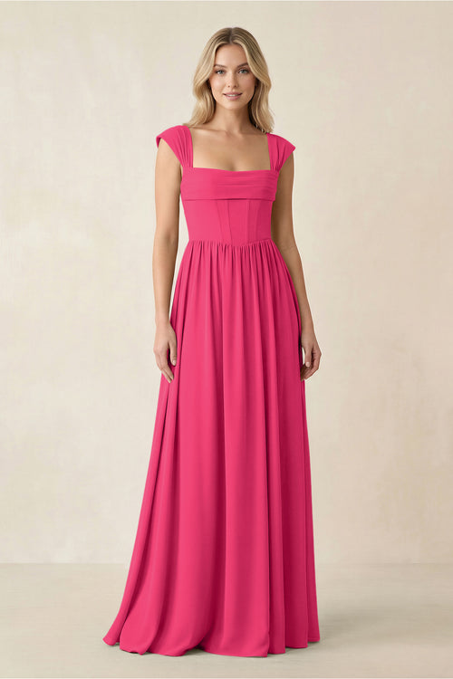 Cap Sleeve Corset A-Line Chiffon Bridesmaid Dress in Fuchsia | KISSBRIDAL