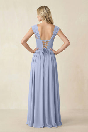 Cap Sleeve Corset A-Line Chiffon Bridesmaid Dress in Ice (2) | KISSBRIDAL