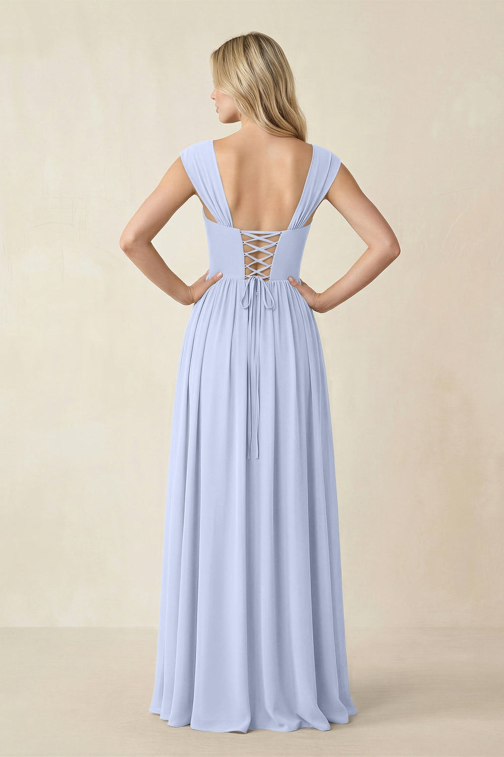 Cap Sleeve Corset A - Line Chiffon Bridesmaid Dress in Ice - KISS BRIDAL Bridesmaid Dresses