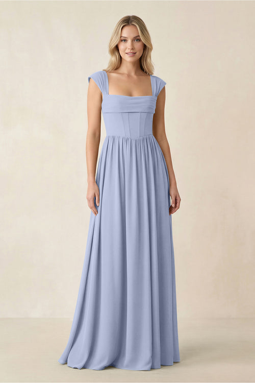 Cap Sleeve Corset A-Line Chiffon Bridesmaid Dress in Ice | KISSBRIDAL