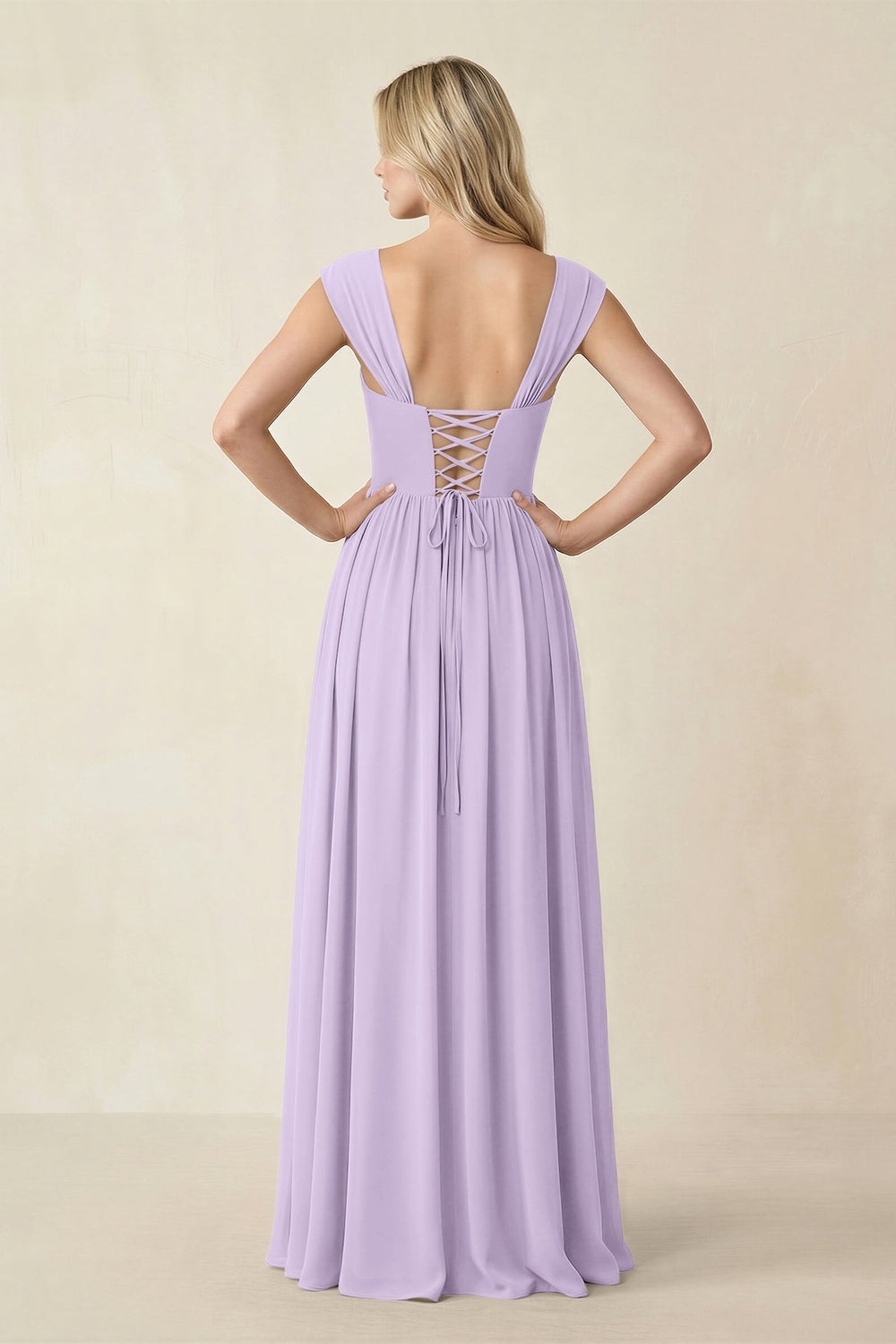 Cap Sleeve Corset A - Line Chiffon Bridesmaid Dress in Lavender - KISS BRIDAL Bridesmaid Dresses