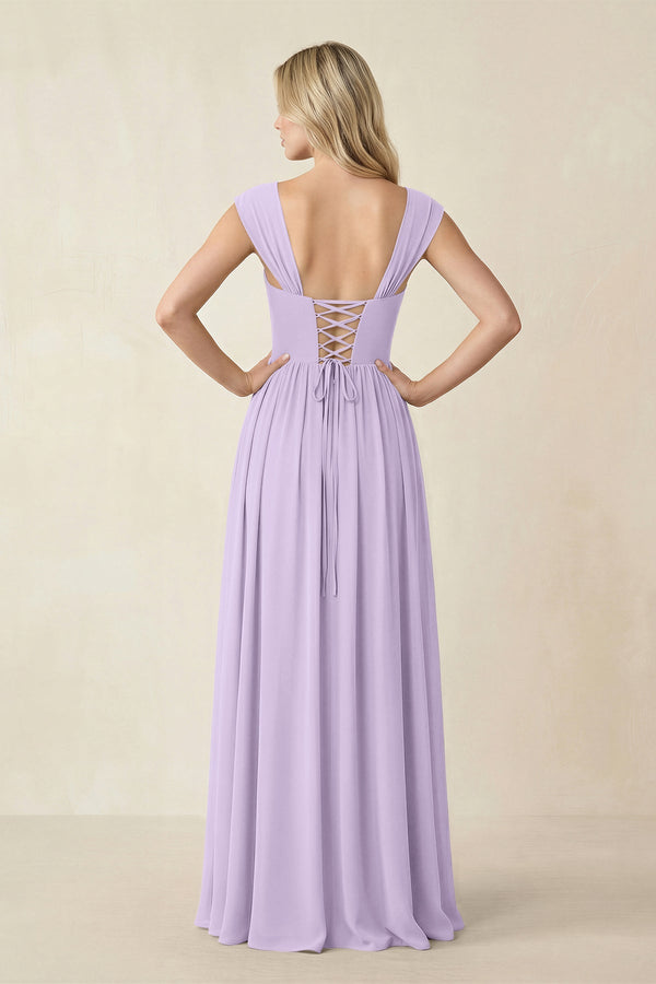 Cap Sleeve Corset A - Line Chiffon Bridesmaid Dress in Lavender - SHE IS ME Bridesmaid Dresses