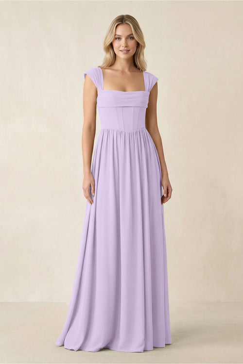 Cap Sleeve Corset A - Line Chiffon Bridesmaid Dress in Lavender - SHE IS ME Bridesmaid Dresses