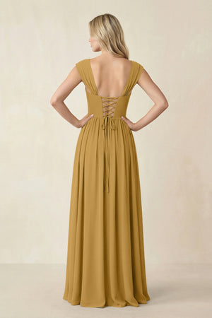 Cap Sleeve Corset A-Line Chiffon Bridesmaid Dress in Marigold (2) | KISSBRIDAL