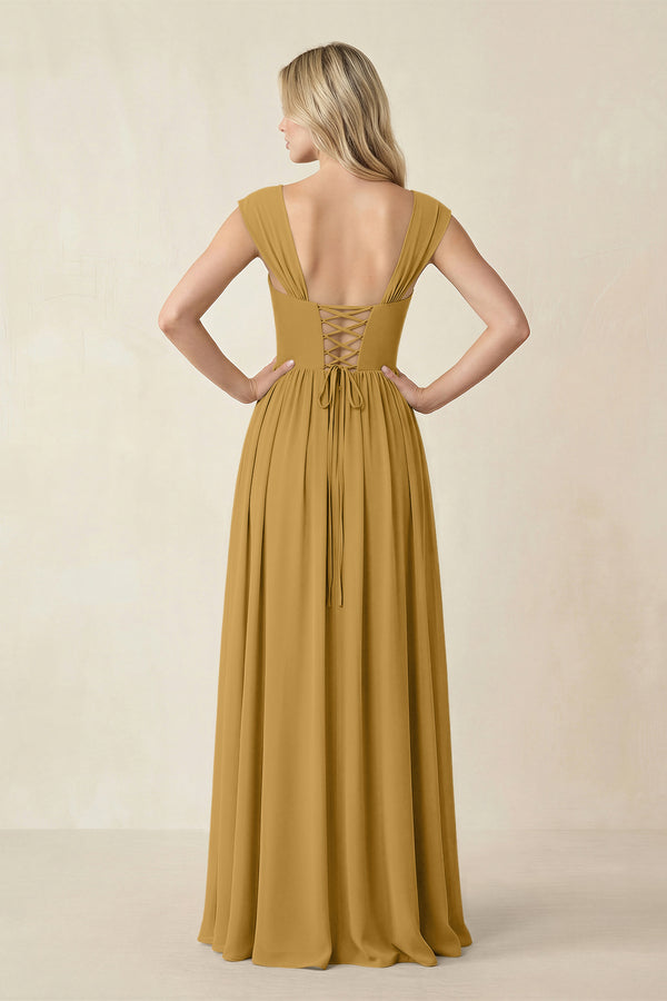 Cap Sleeve Corset A-Line Chiffon Bridesmaid Dress in Marigold (2) | KISSBRIDAL