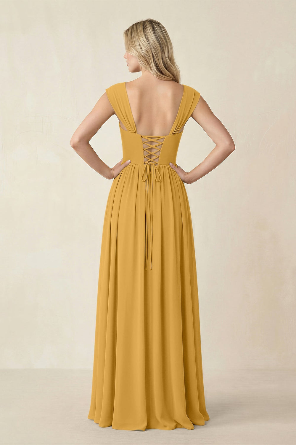 Cap Sleeve Corset A - Line Chiffon Bridesmaid Dress in Marigold - KISS BRIDAL Bridesmaid Dresses