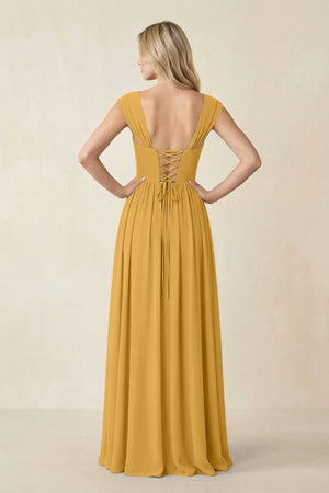 Cap Sleeve Corset A - Line Chiffon Bridesmaid Dress in Marigold - SHE IS ME Bridesmaid Dresses