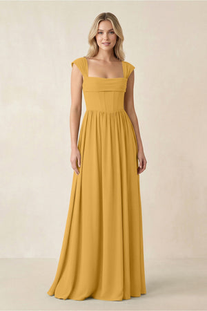 Cap Sleeve Corset A - Line Chiffon Bridesmaid Dress in Marigold - SHE IS ME Bridesmaid Dresses