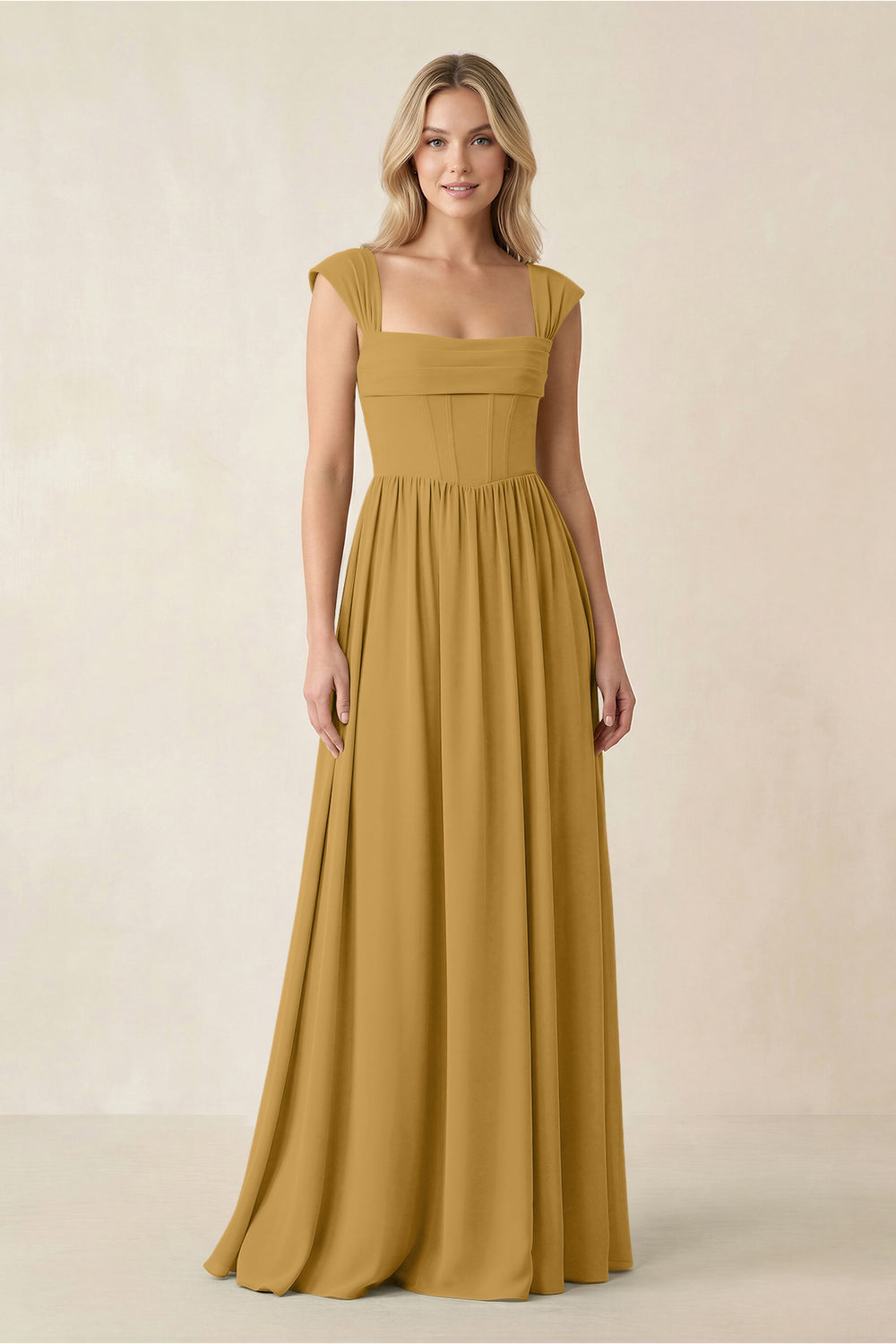 Cap Sleeve Corset A-Line Chiffon Bridesmaid Dress in Marigold