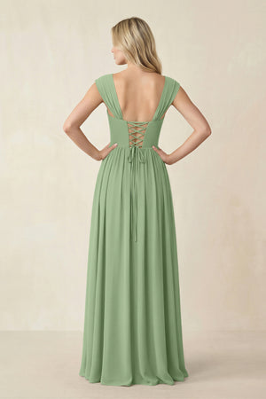 Cap Sleeve Corset A-Line Chiffon Bridesmaid Dress in Matcha (2) | KISSBRIDAL