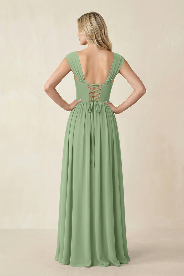 Cap Sleeve Corset A-Line Chiffon Bridesmaid Dress in Matcha (2) | KISSBRIDAL