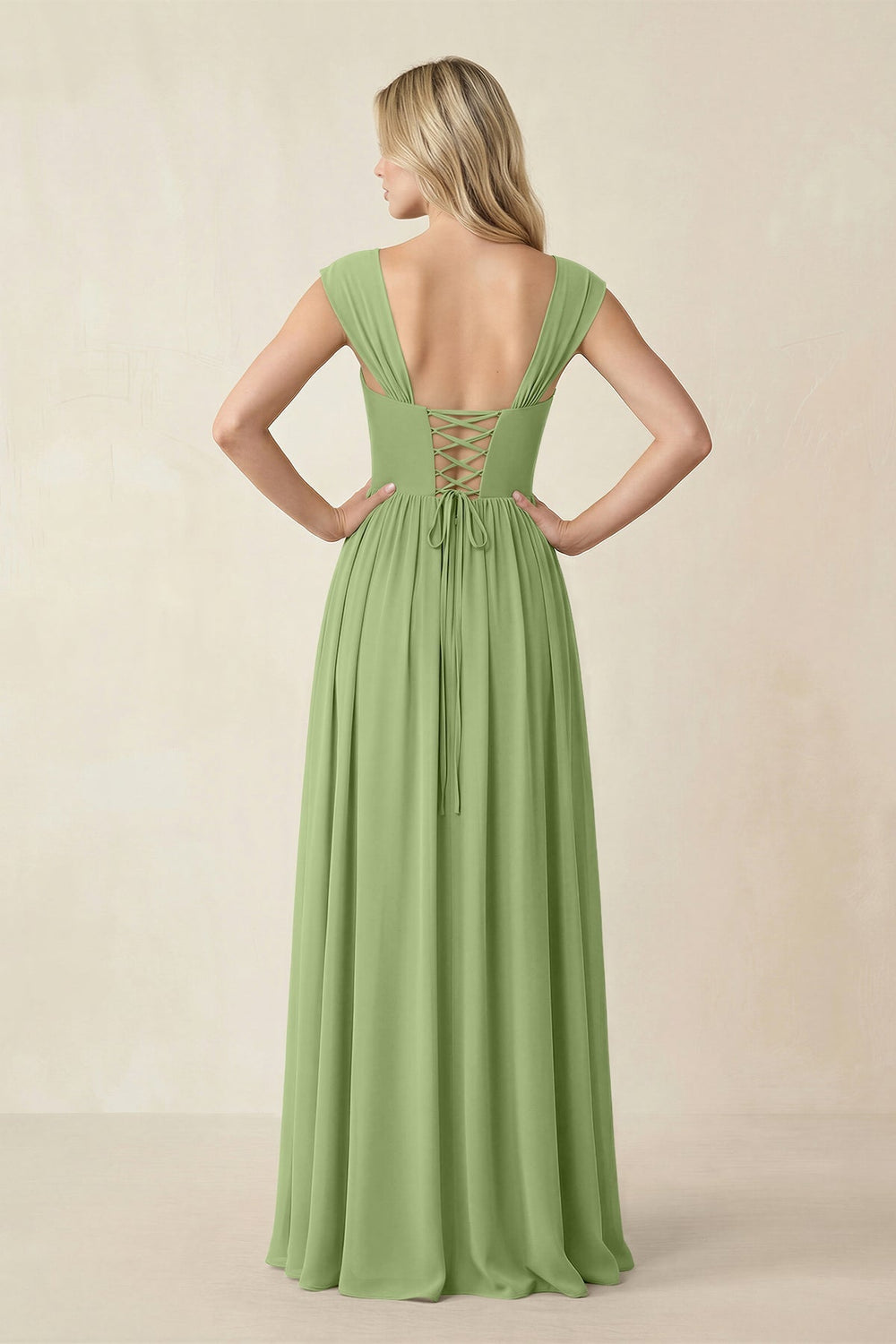 Cap Sleeve Corset A - Line Chiffon Bridesmaid Dress in Matcha - KISS BRIDAL Bridesmaid Dresses