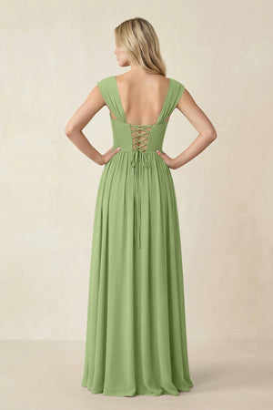 Cap Sleeve Corset A - Line Chiffon Bridesmaid Dress in Matcha - SHE IS ME Bridesmaid Dresses