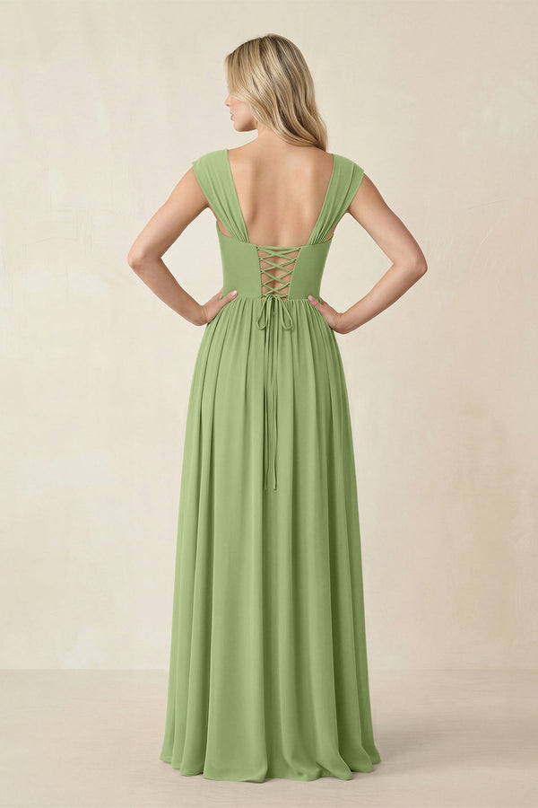 Cap Sleeve Corset A - Line Chiffon Bridesmaid Dress in Matcha - SHE IS ME Bridesmaid Dresses