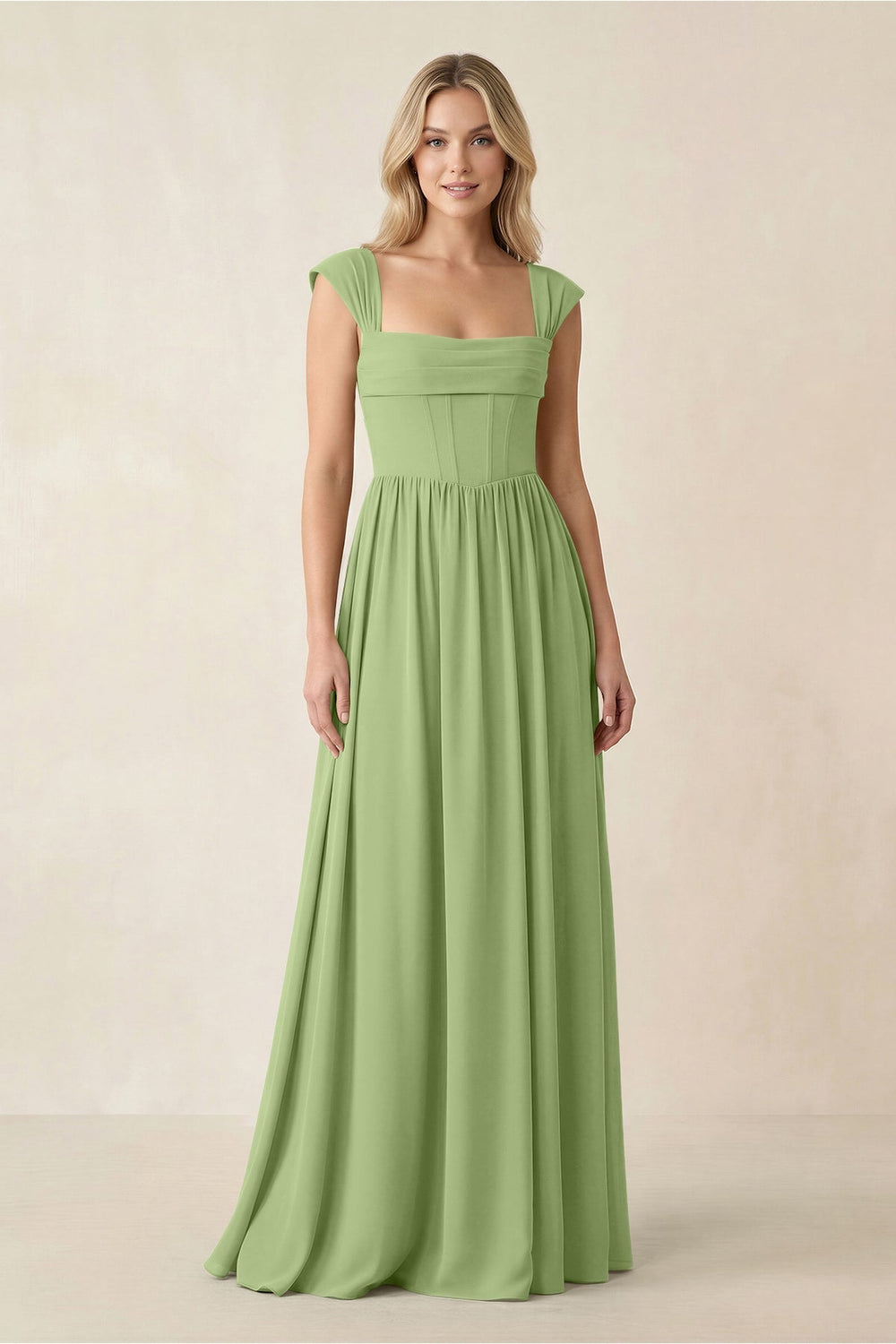 Cap Sleeve Corset A - Line Chiffon Bridesmaid Dress in Matcha - KISS BRIDAL Bridesmaid Dresses