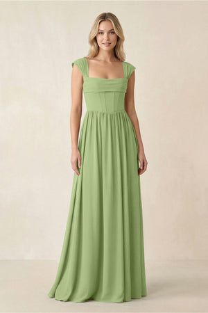 Cap Sleeve Corset A - Line Chiffon Bridesmaid Dress in Matcha - SHE IS ME Bridesmaid Dresses
