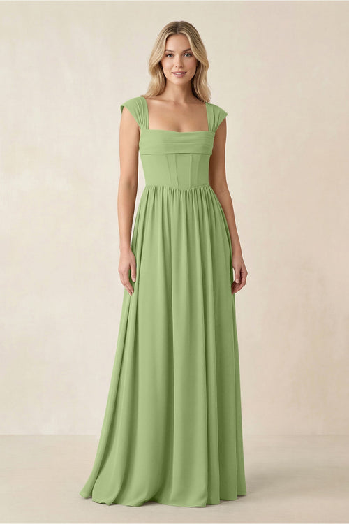 Cap Sleeve Corset A - Line Chiffon Bridesmaid Dress in Matcha - SHE IS ME Bridesmaid Dresses