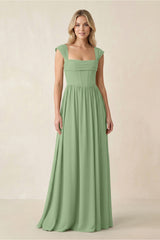 Cap Sleeve Corset A-Line Chiffon Bridesmaid Dress in Matcha | KISSBRIDAL
