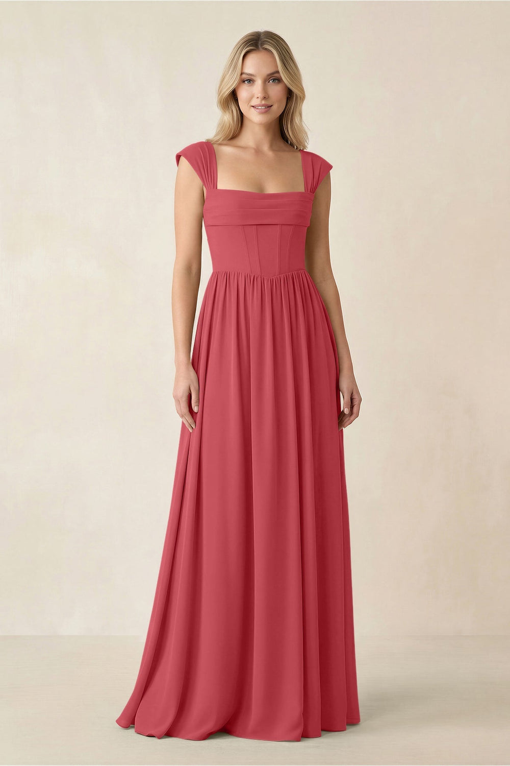 Cap Sleeve Corset A - Line Chiffon Bridesmaid Dress in Merlot - KISS BRIDAL Bridesmaid Dresses