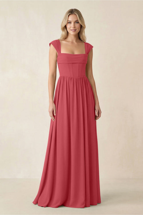 Cap Sleeve Corset A - Line Chiffon Bridesmaid Dress in Merlot - SHE IS ME Bridesmaid Dresses