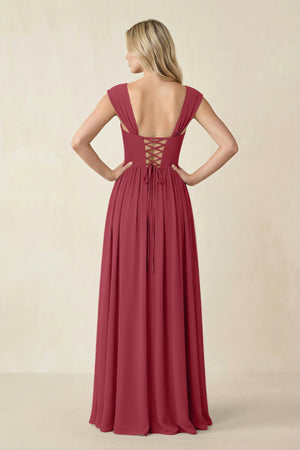 Cap Sleeve Corset A-Line Chiffon Bridesmaid Dress in Merlot (2) | KISSBRIDAL
