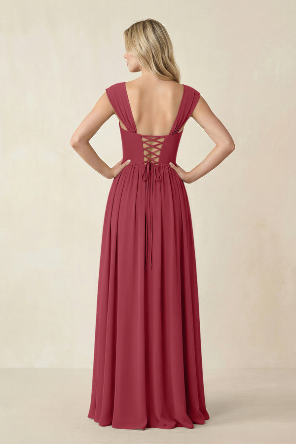 Cap Sleeve Corset A-Line Chiffon Bridesmaid Dress in Merlot (2) | KISSBRIDAL