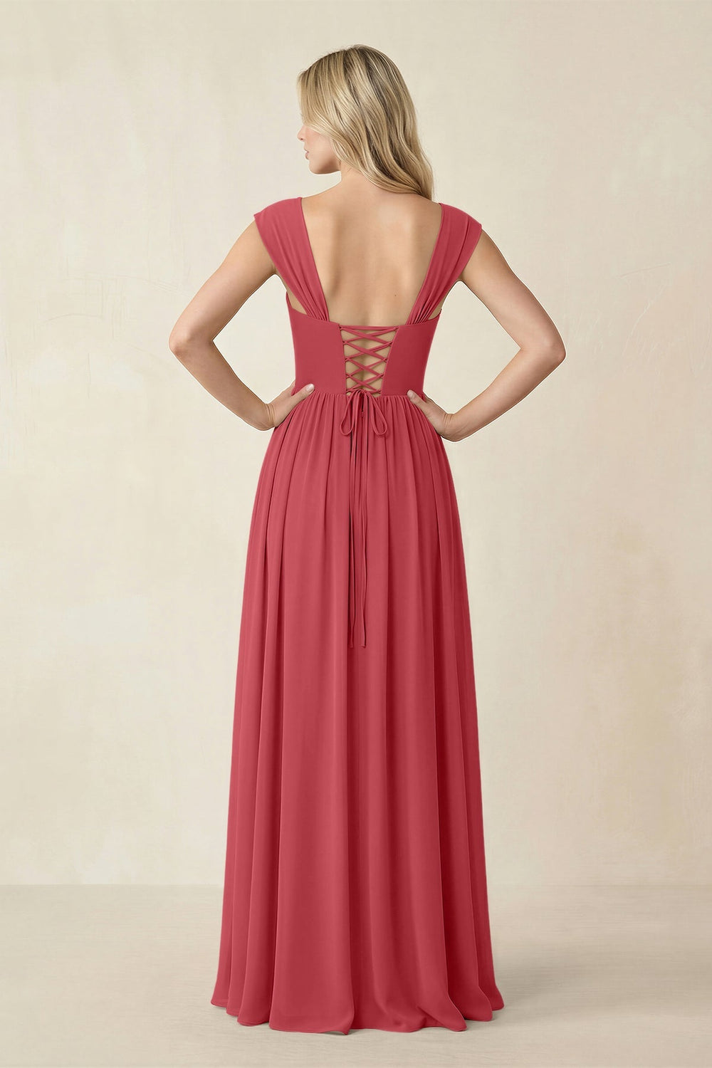 Cap Sleeve Corset A - Line Chiffon Bridesmaid Dress in Merlot - KISS BRIDAL Bridesmaid Dresses