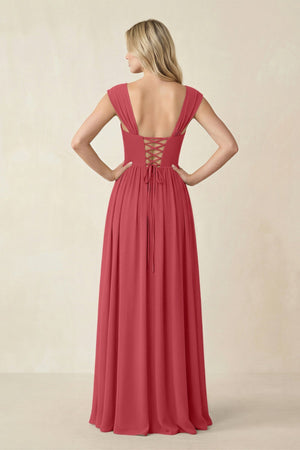 Cap Sleeve Corset A - Line Chiffon Bridesmaid Dress in Merlot - SHE IS ME Bridesmaid Dresses
