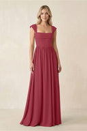 Cap Sleeve Corset A-Line Chiffon Bridesmaid Dress in Merlot | KISSBRIDAL