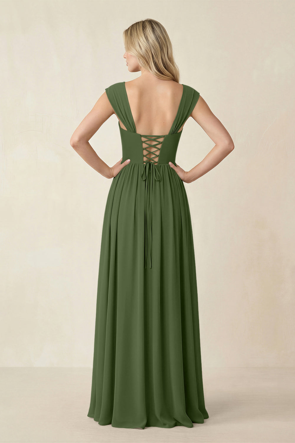 Cap Sleeve Corset A-Line Chiffon Bridesmaid Dress in Moss