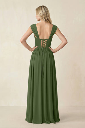 Cap Sleeve Corset A-Line Chiffon Bridesmaid Dress in Moss (2) | KISSBRIDAL