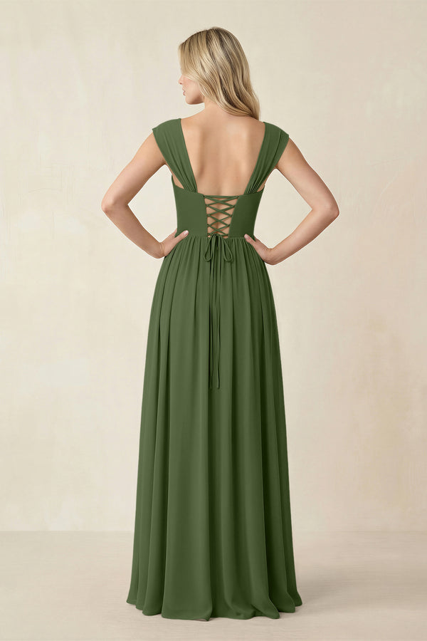 Cap Sleeve Corset A-Line Chiffon Bridesmaid Dress in Moss (2) | KISSBRIDAL
