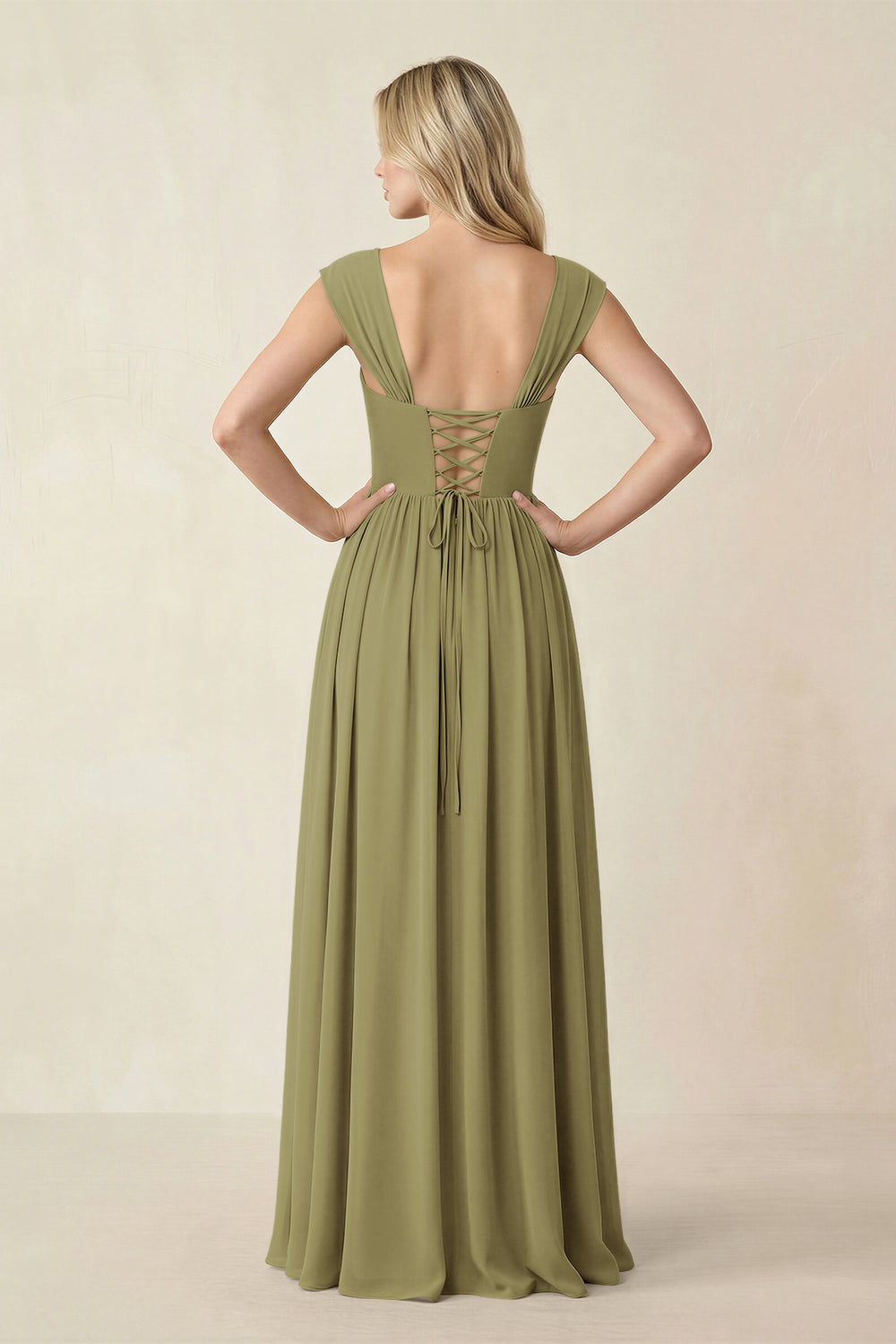 Cap Sleeve Corset A-Line Chiffon Bridesmaid Dress in Moss Green