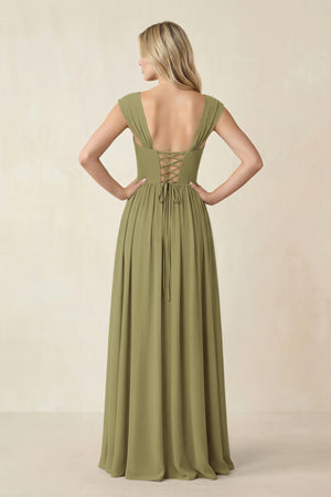 Cap Sleeve Corset A-Line Chiffon Bridesmaid Dress in Moss Green (2) | KISSBRIDAL