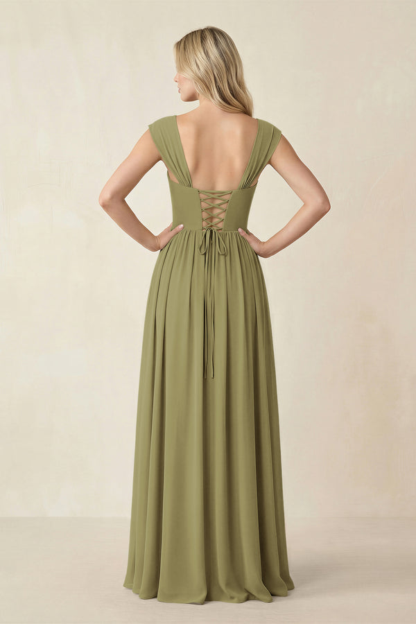 Cap Sleeve Corset A-Line Chiffon Bridesmaid Dress in Moss Green (2) | KISSBRIDAL