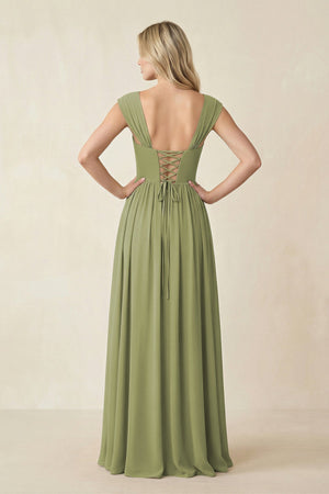 Cap Sleeve Corset A - Line Chiffon Bridesmaid Dress in Moss Green - SHE IS ME Bridesmaid Dresses