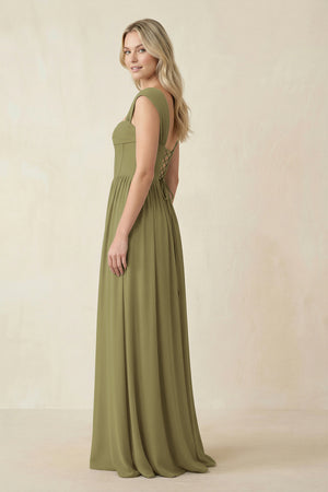 Cap Sleeve Corset A-Line Chiffon Bridesmaid Dress in Moss Green (3) | KISSBRIDAL